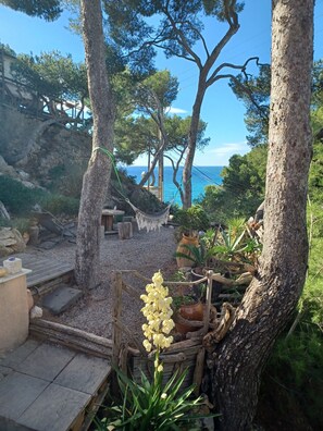 Ein Garten mit Bäumen, einer Hängematte und Blick aufs Meer.