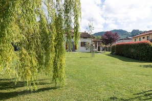 Une pelouse verdoyante et bien entretenue, agrémentée d’un saule pleureur, d’un petit arbre et d’une haie.