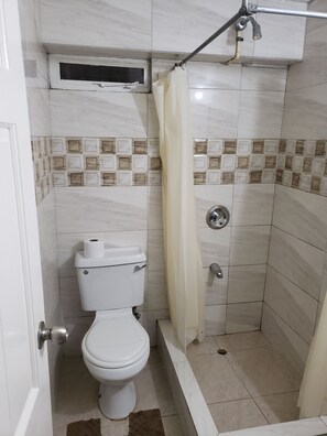 Shower, towels, soap, toilet paper