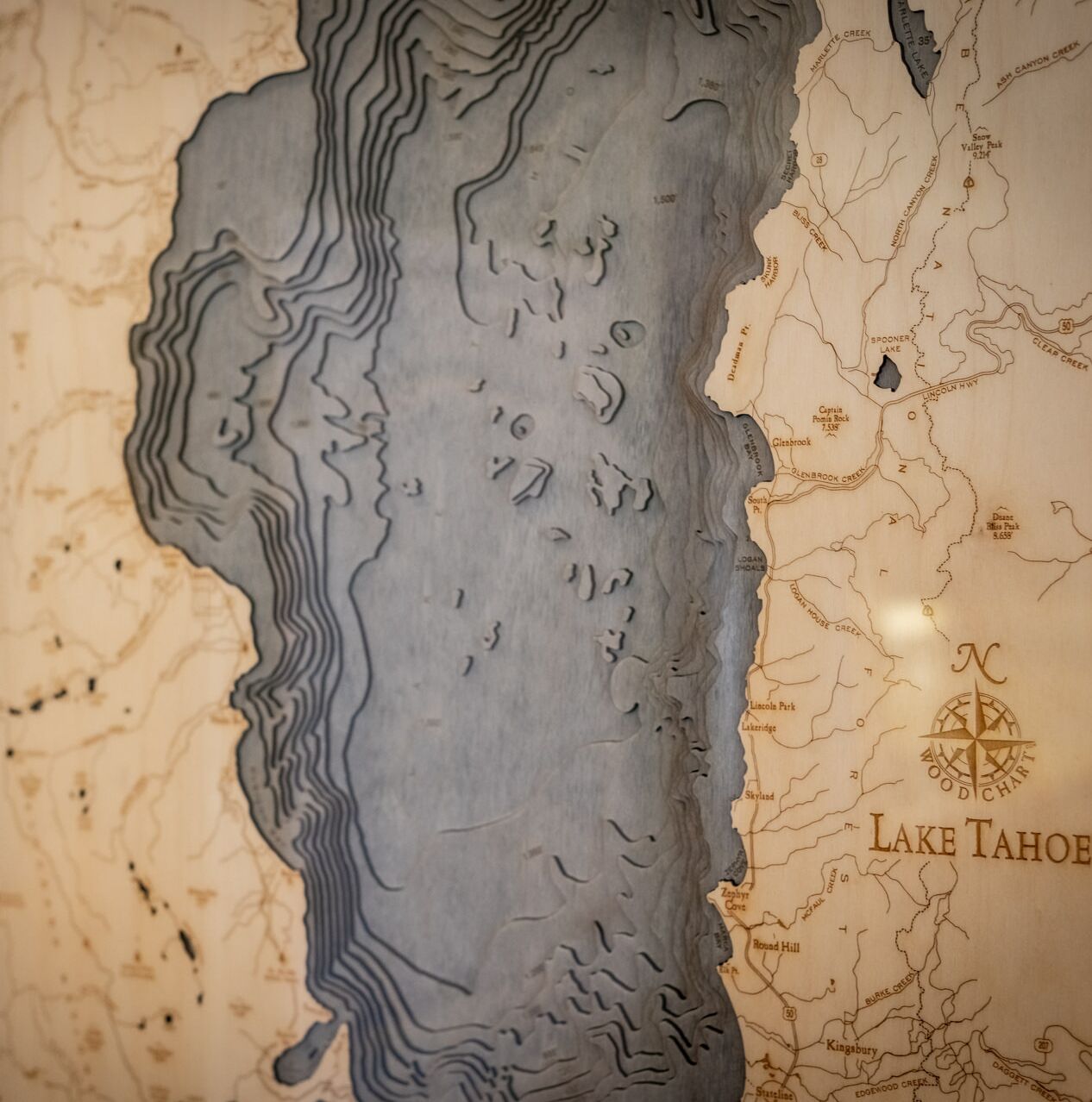 A detailed topographic map of Lake Tahoe with marked trails and landmarks.