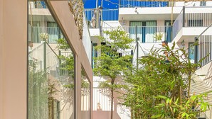 A narrow pathway with circular stepping stones leading to a building entrance, surrounded by greenery and bamboo plants. - Resort Queen Sea (Phu Quy)