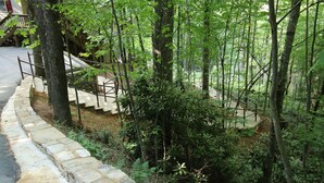 Un sentiero in pietra conduce a una scala di legno, circondata da una vegetazione lussureggiante.