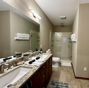 Shower, hair dryer, towels, soap