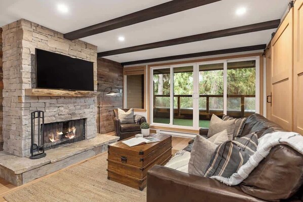 Télévision, cheminée, espaces bureaux