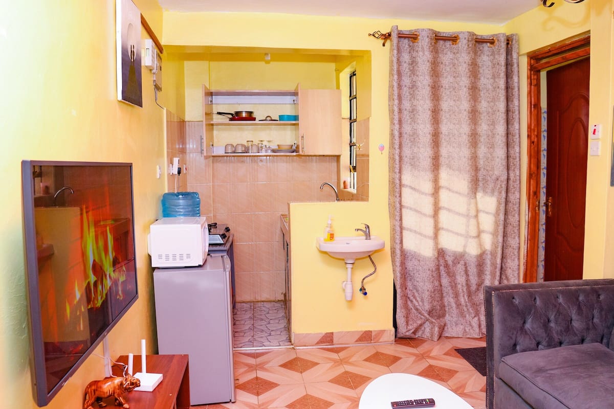 A compact living space with a kitchenette, a sofa, a TV, and a small table.