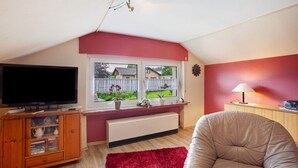Una sala de estar con televisión, alfombra roja, ventana con vistas y radiador.