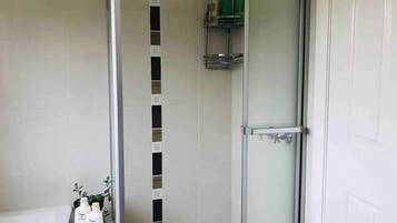 Hair dryer, towels, soap, shampoo