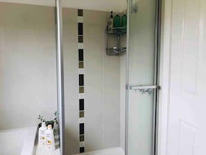 Hair dryer, towels, soap, shampoo