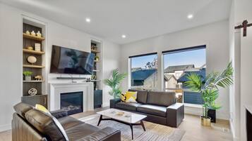 Smart TV, fireplace, books, stereo