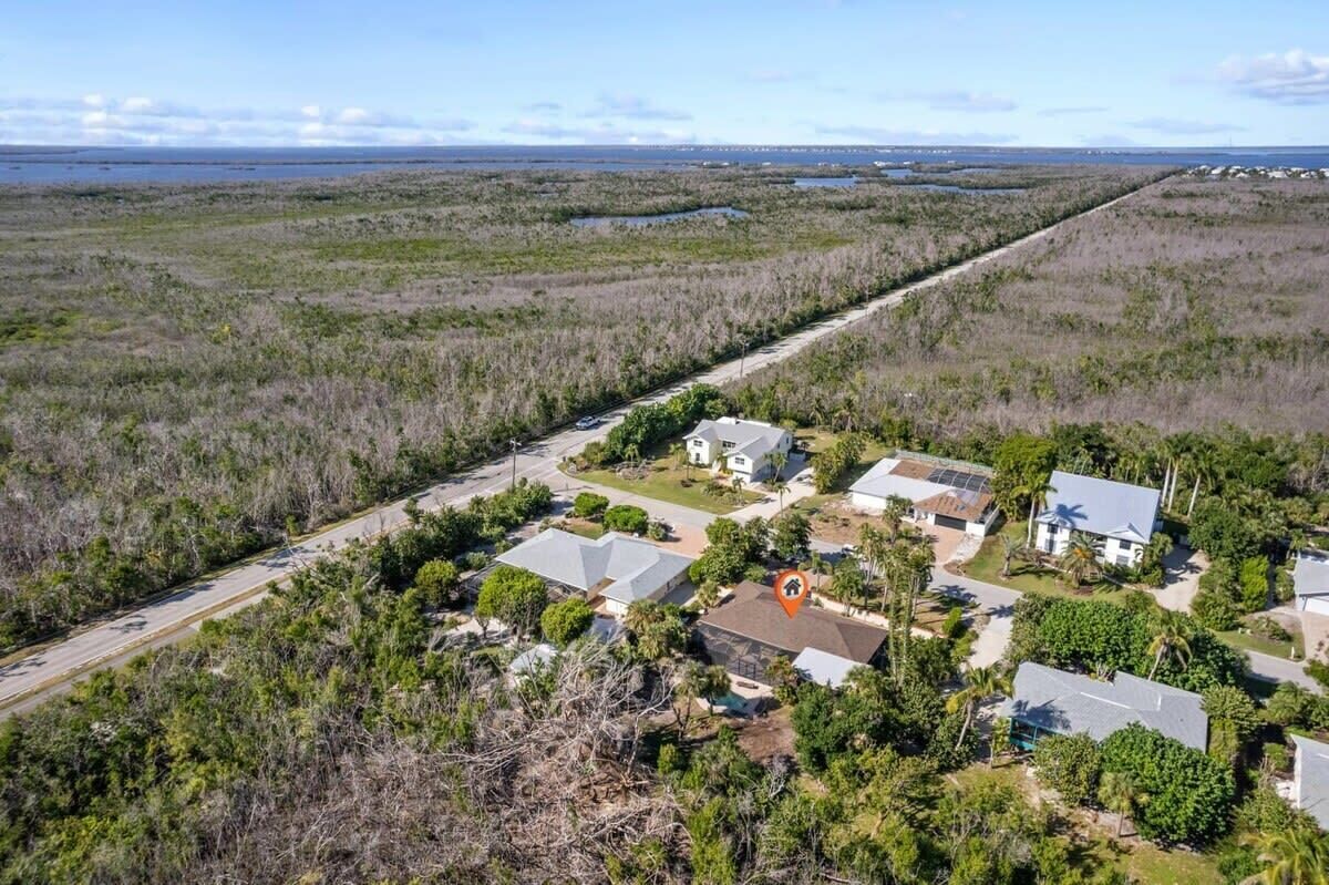 Luchtbeeld van een woongebied met huizen, een weg en omliggende begroeiing.