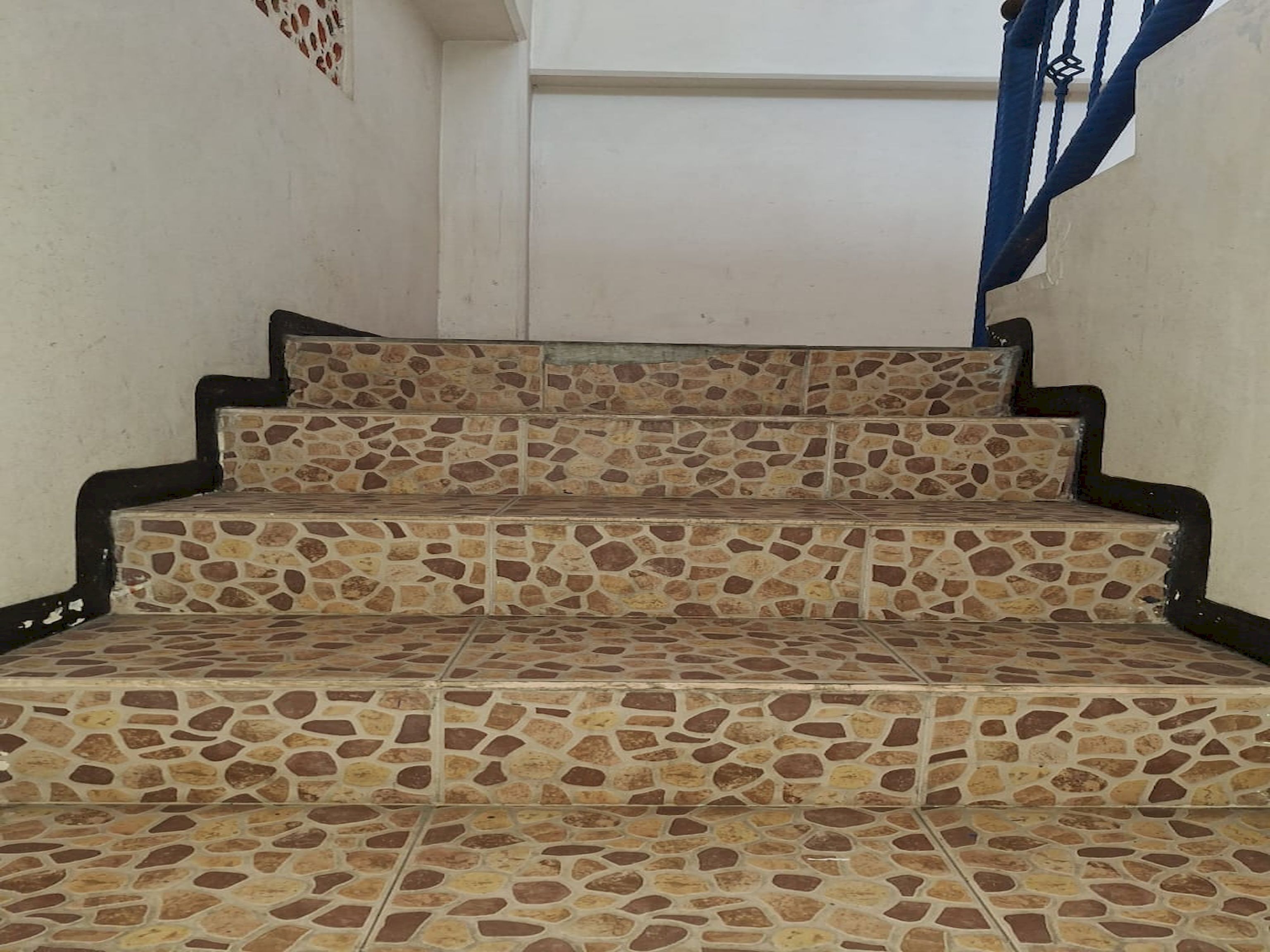 Eine Treppe mit Steinplatten und schwarzen Kanten, die zu einer weißen Tür führt.