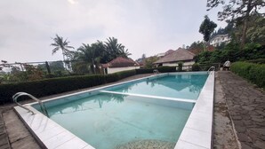 Une piscine rectangulaire dont les bords sont recouverts de carreaux et dont le fond est décoré de petits galets.
