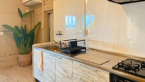 A kitchen with marble countertops, a gas stove, and a potted plant. - Villa SERENO MOTOBU  (Motobu)
