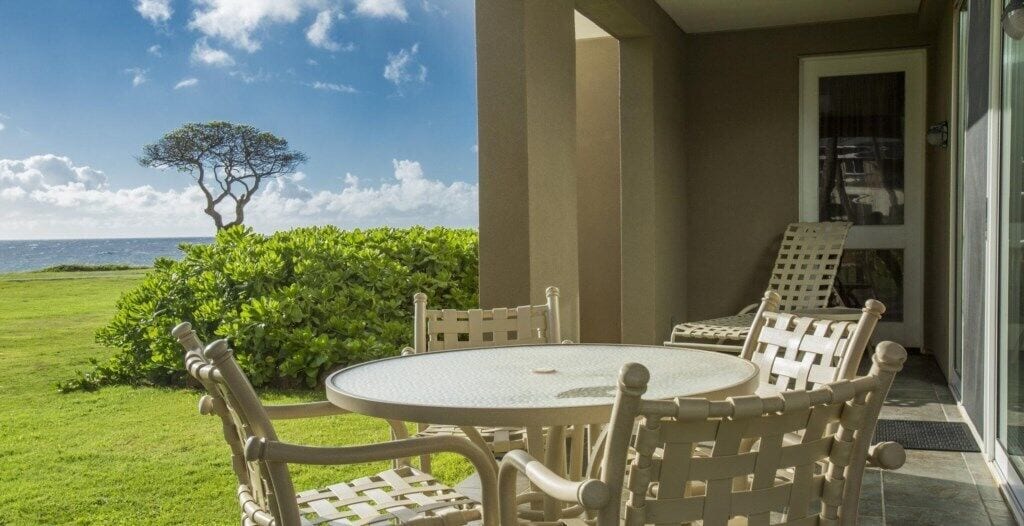 Une terrasse avec une table ronde et des chaises, une vue sur l’océan et un arbre.
