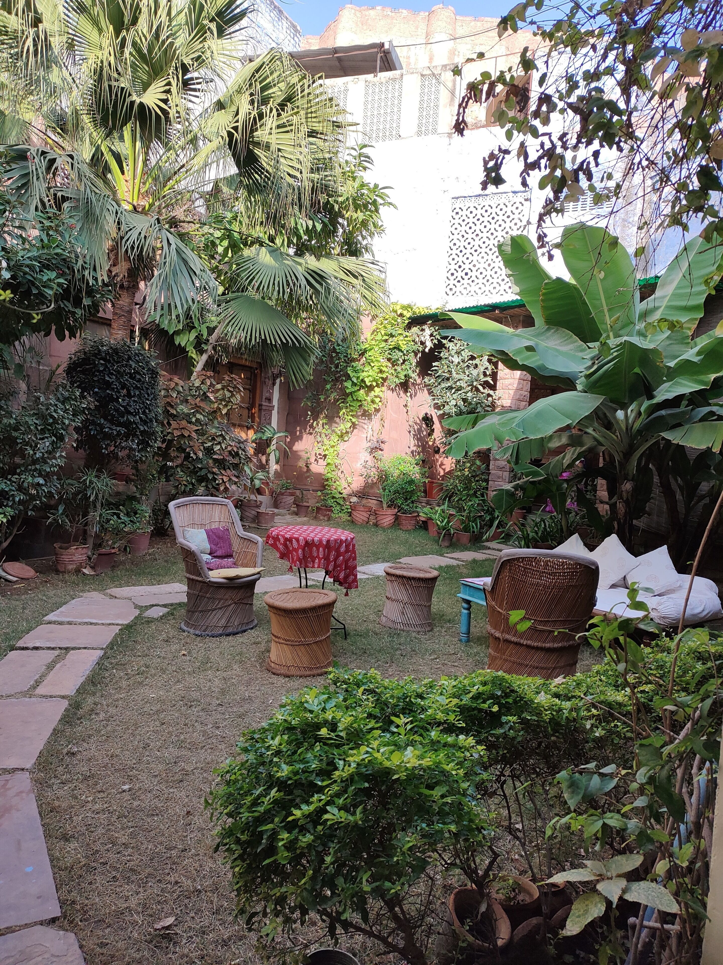 A garden with wicker furniture, potted plants, and a stone pathway.
