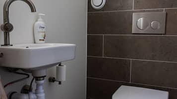 A bathroom with a white sink, a toilet, and a shower area.