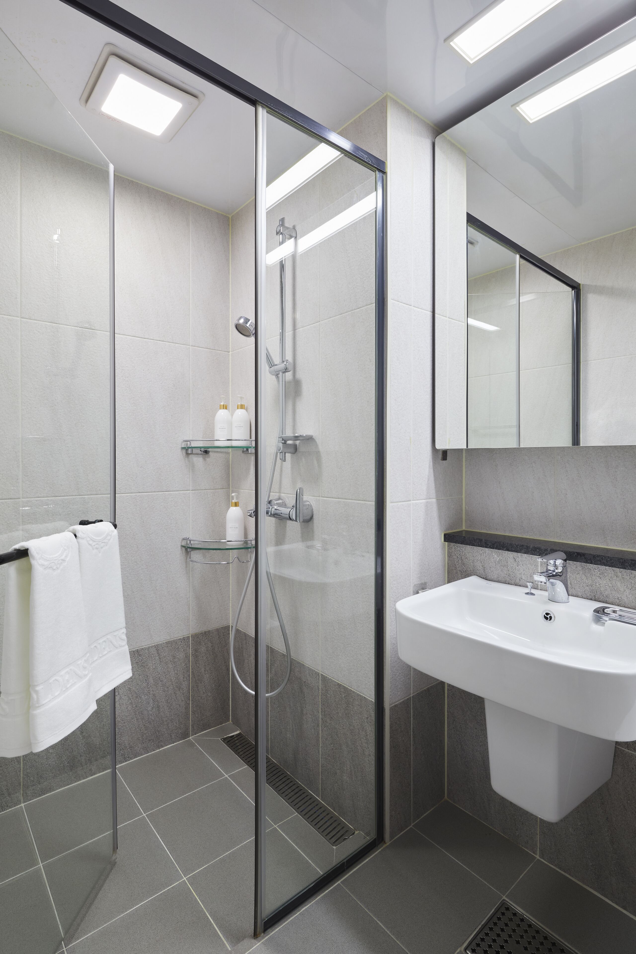 Shower, designer toiletries, hair dryer, bidet