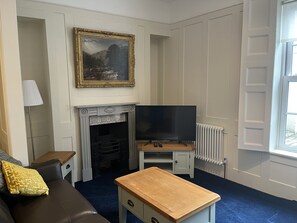 Smart TV, fireplace, books