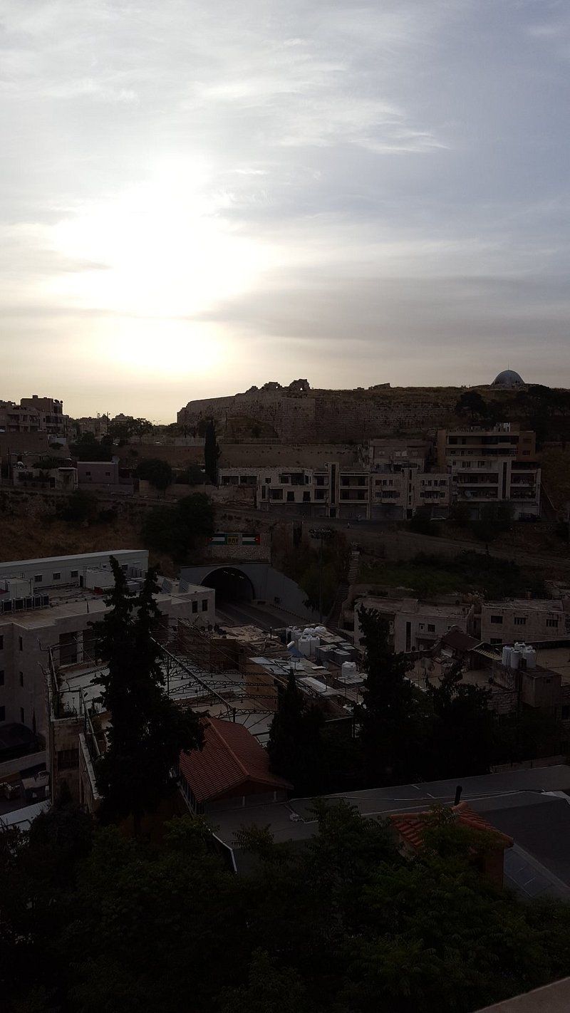 A residential area with buildings, a dome structure on a hill, and a road.