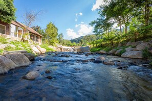Enjoy a serene riverside retreat with a clear view of the flowing stream and lush greenery.