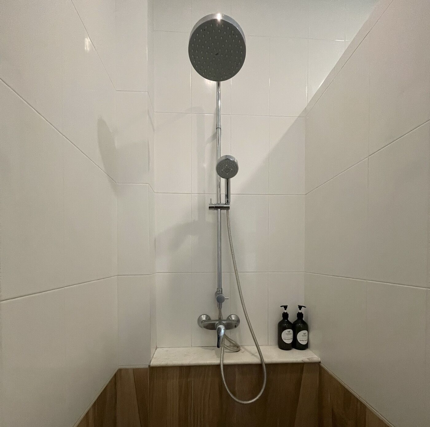 Ducha con rociador redondo, cabezal de ducha manual y extensión de ducha manual. Hay dos botellas de champú en la pared.
