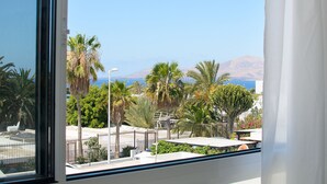 Vista desde una ventana con un jardín ajardinado, palmeras y una montaña al fondo.