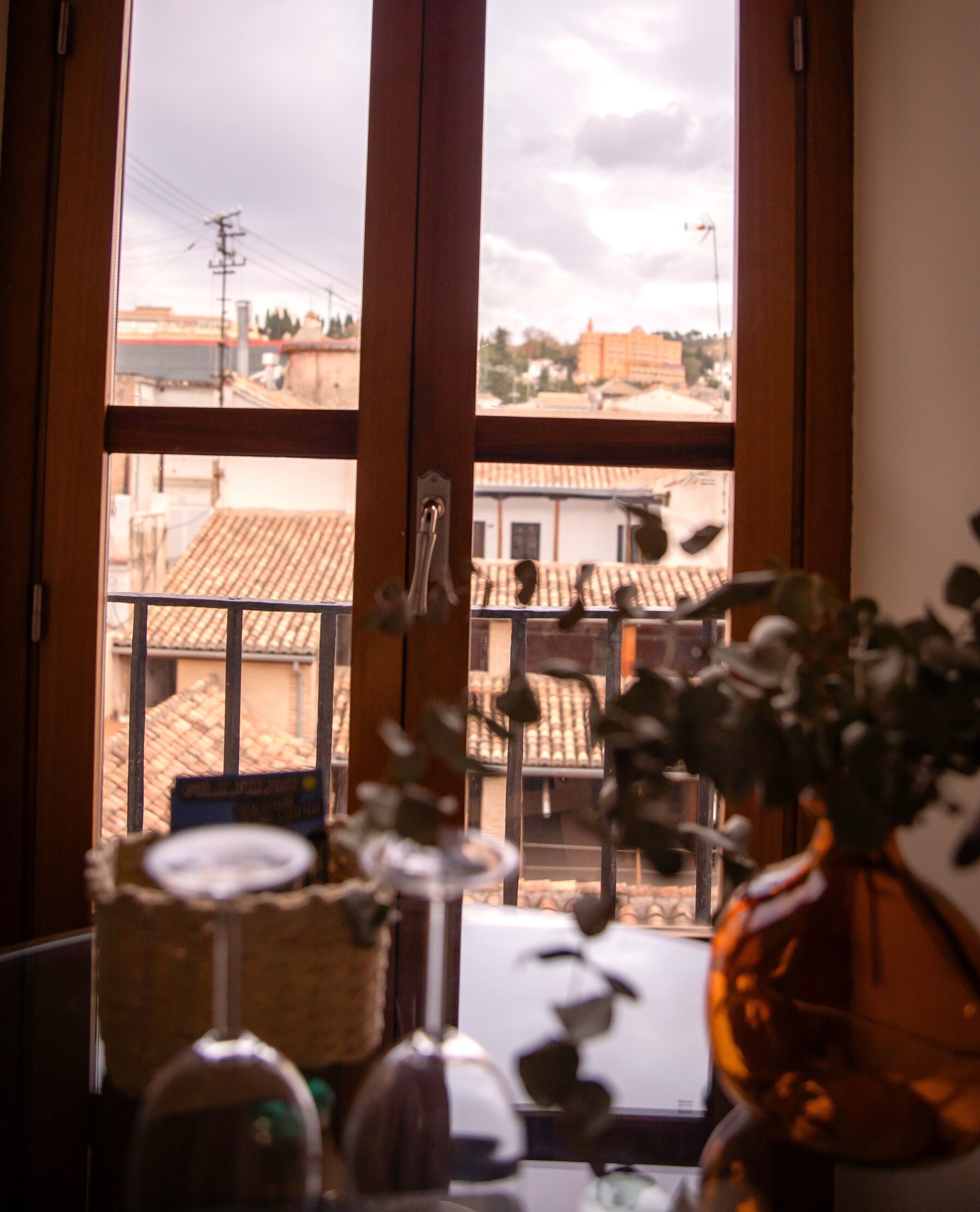 A view through a window with a wooden frame, a balcony with tiled roofing, and a vase with plants in the foreground.