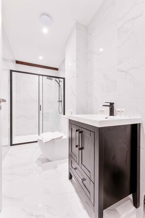 Douche, séchoir à cheveux, serviettes fournies