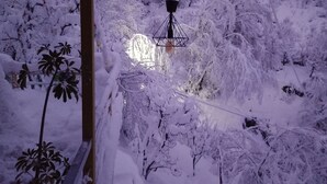 Een besneeuwd landschap met een hanglamp.