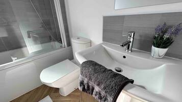 Hair dryer, towels, soap, toilet paper