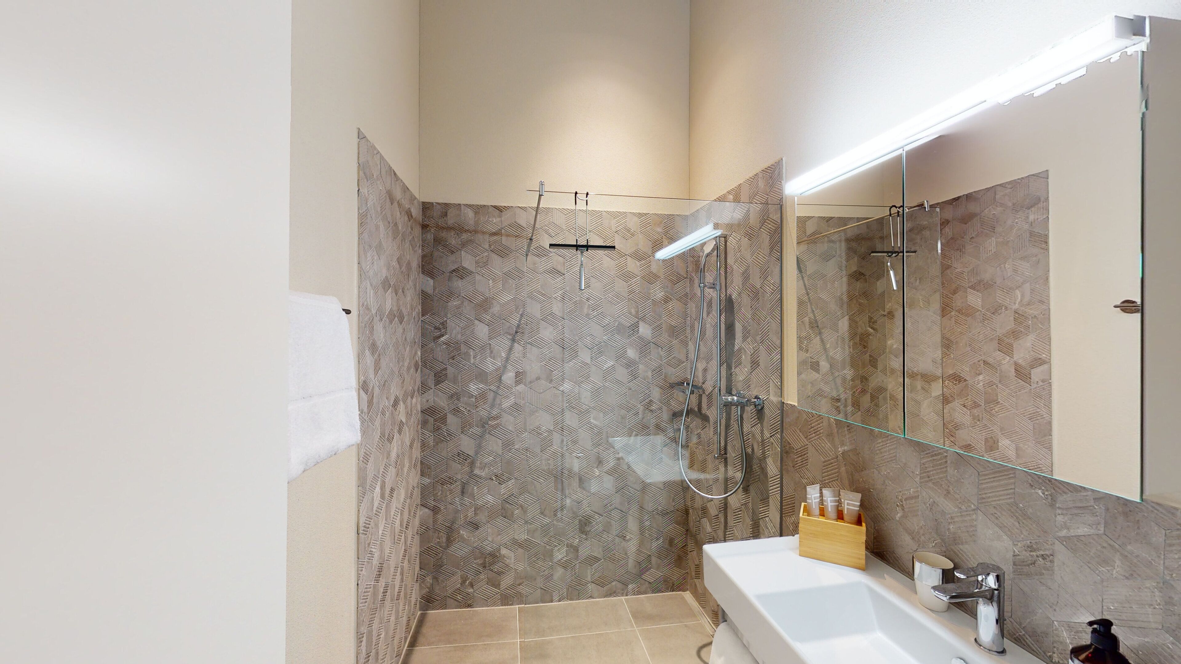 Une salle de bain moderne avec une douche, un lavabo et un miroir.