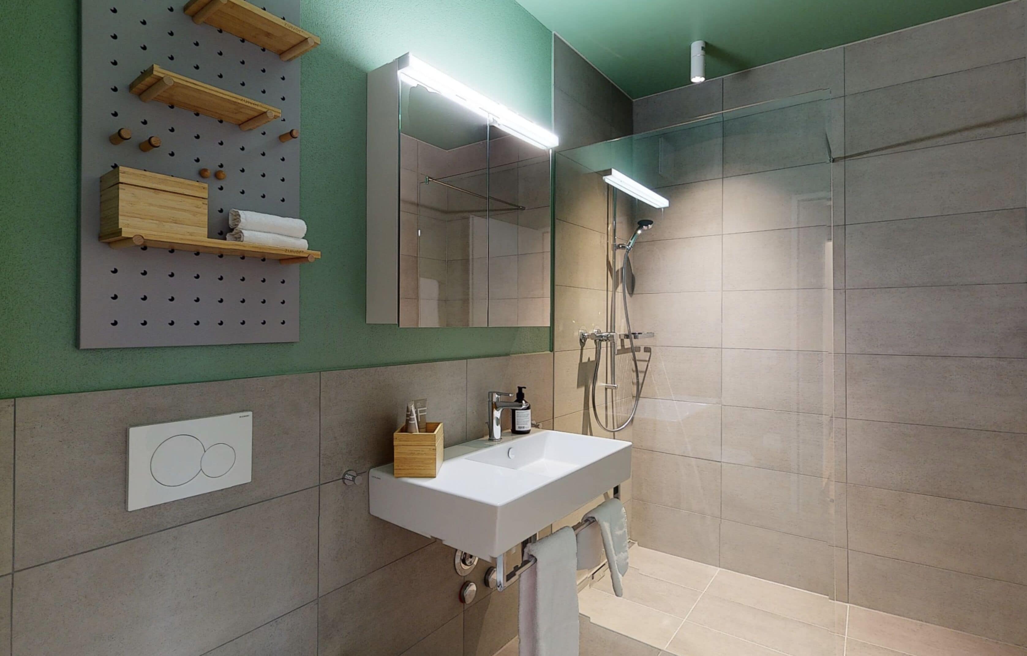 Un bagno moderno con un lavandino bianco, uno specchio e una zona doccia.