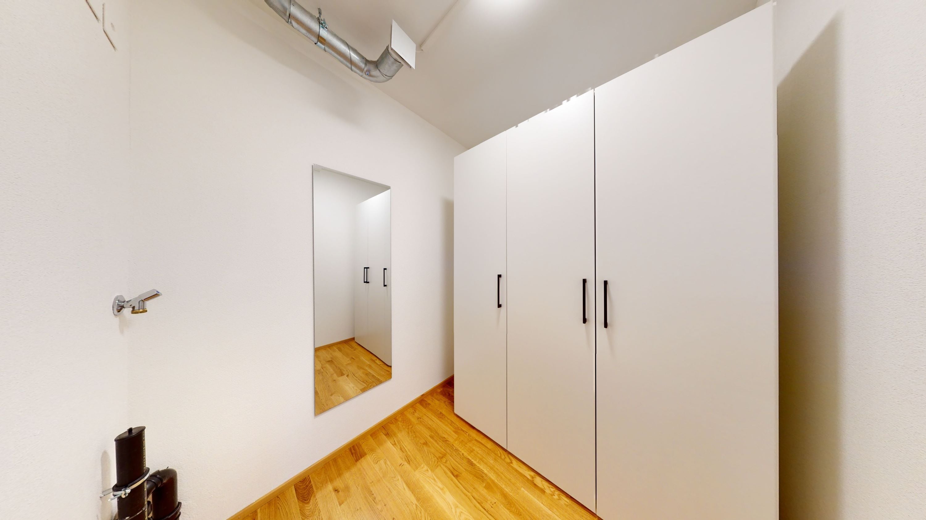 A hallway with white walls, a wooden floor, and a large wardrobe with black handles.