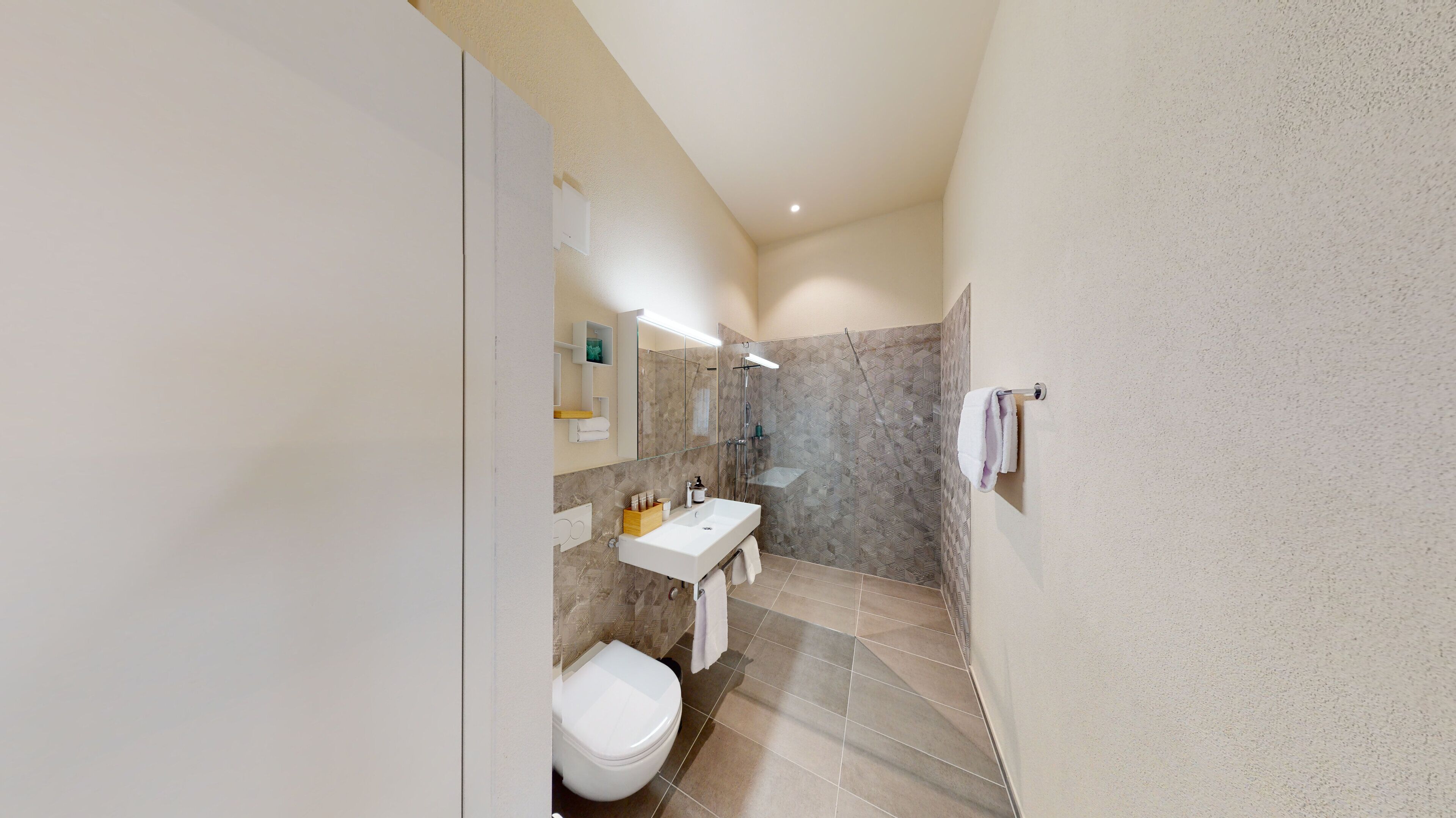 A modern bathroom with a shower, toilet, and sink.
