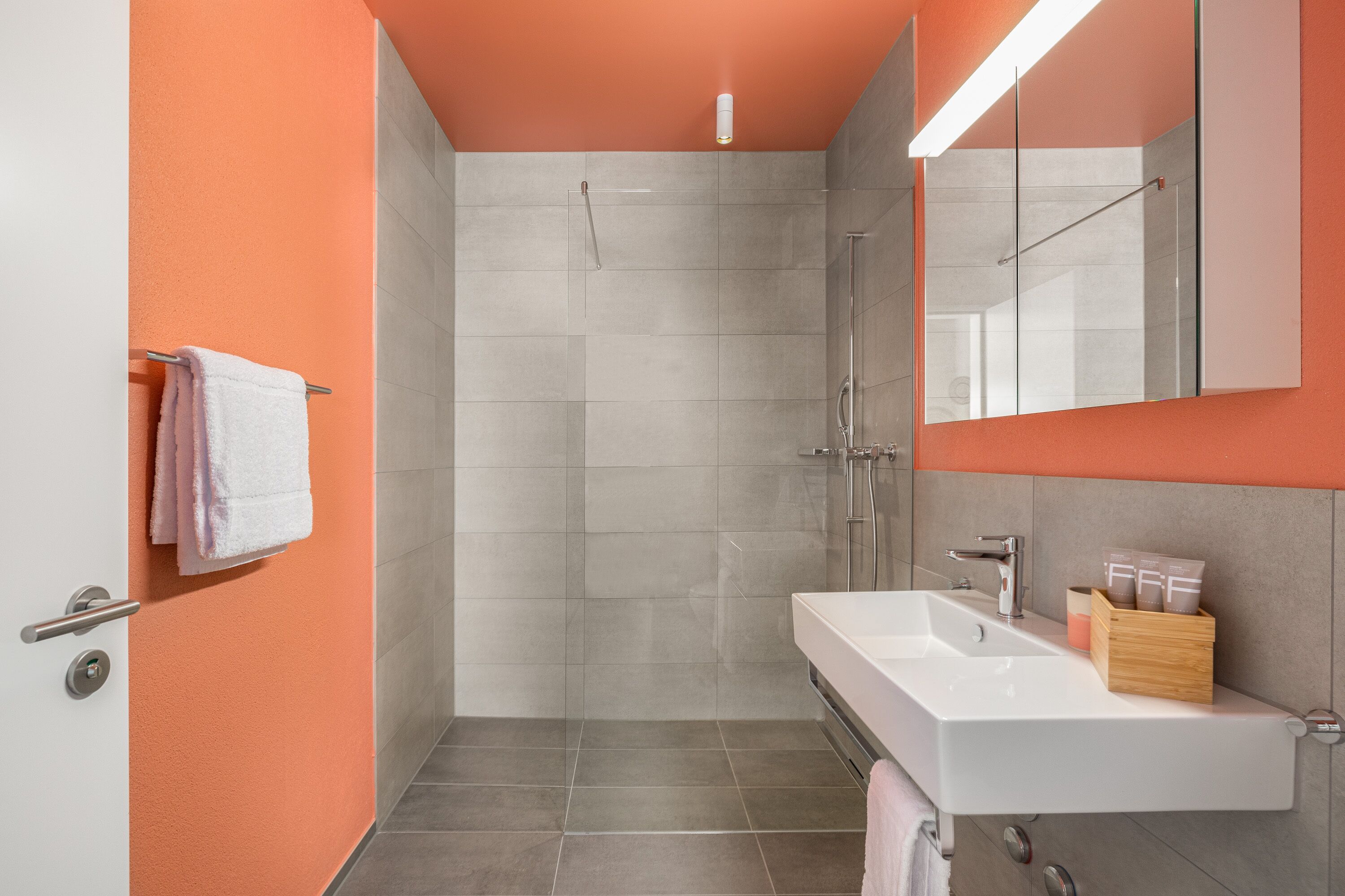 Une salle de bain moderne avec un lavabo blanc, un miroir et une douche.