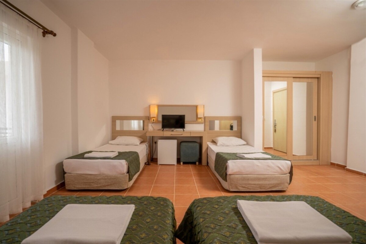Habitación de hotel con dos camas individuales, un escritorio con televisor y un armario.