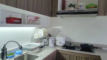 Fridge, oven, stovetop, electric kettle