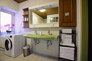 Eco-friendly toiletries, hair dryer, towels, soap
