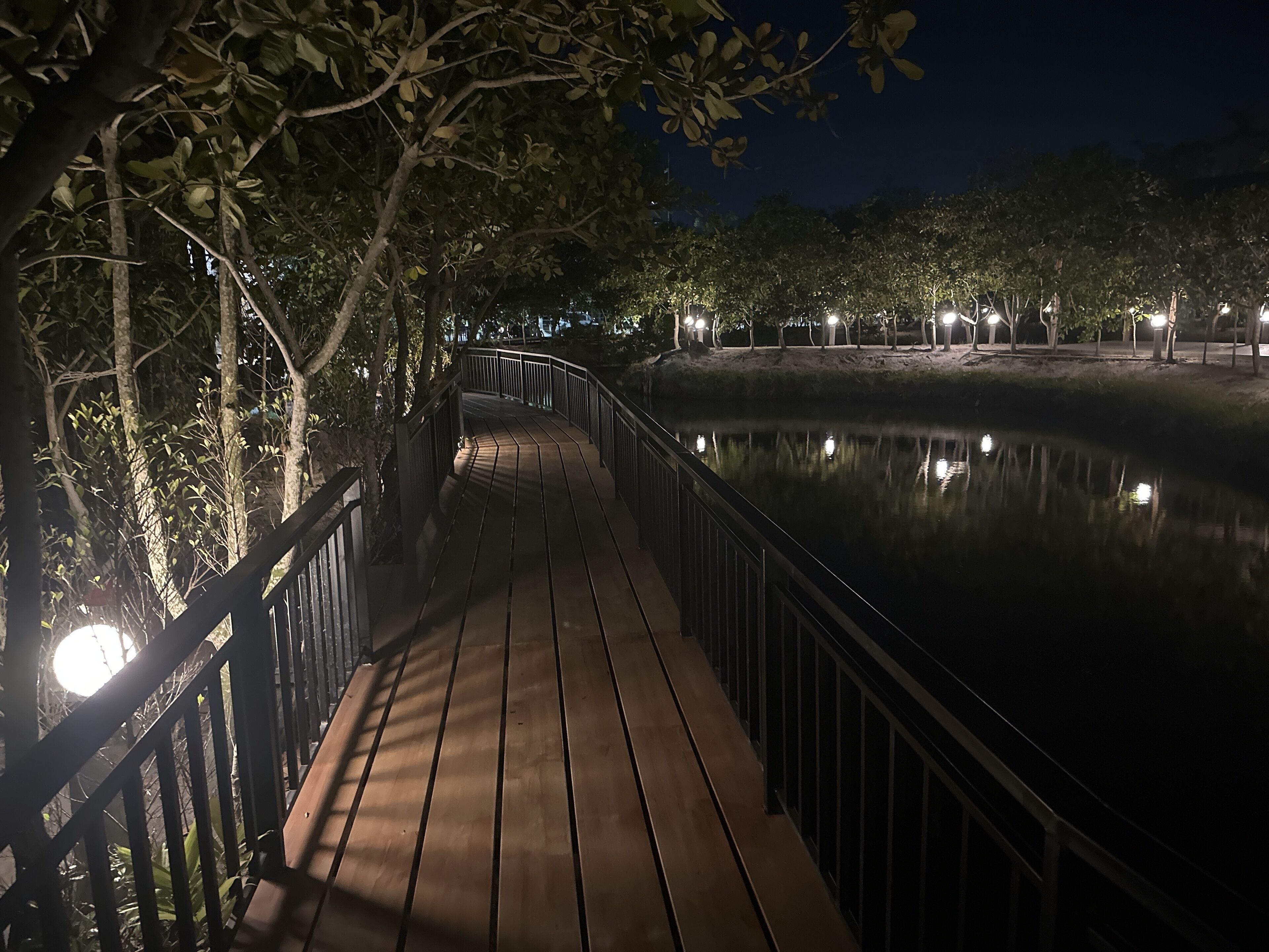A wooden pathway with metal railings, surrounded by trees and a body of water, illuminated by street lamps.