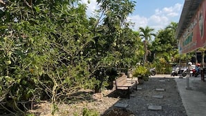 Un sendero bordeado de vegetación y un banco que conduce a un edificio con un cartel.