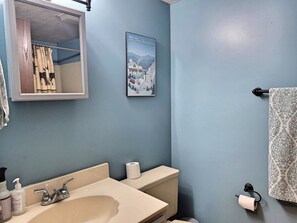 A bathroom with a sink, toilet, and a framed picture of a ski resort. - Close to shops/dining/town access. Pet-friendly, Wifi, deck. A0040 by LRS (Woodstock)