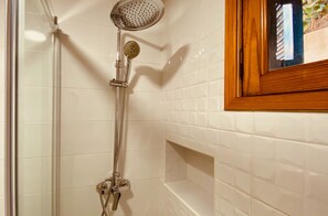 Shower, hair dryer, soap, shampoo