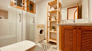 Shower, hair dryer, soap, shampoo