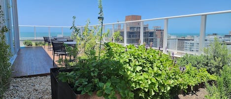 Una terraza en la azotea con vistas al horizonte de la ciudad y al mar.