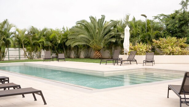 Un espace piscine avec des chaises longues et des palmiers.