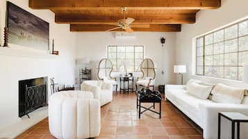 TV, fireplace, books