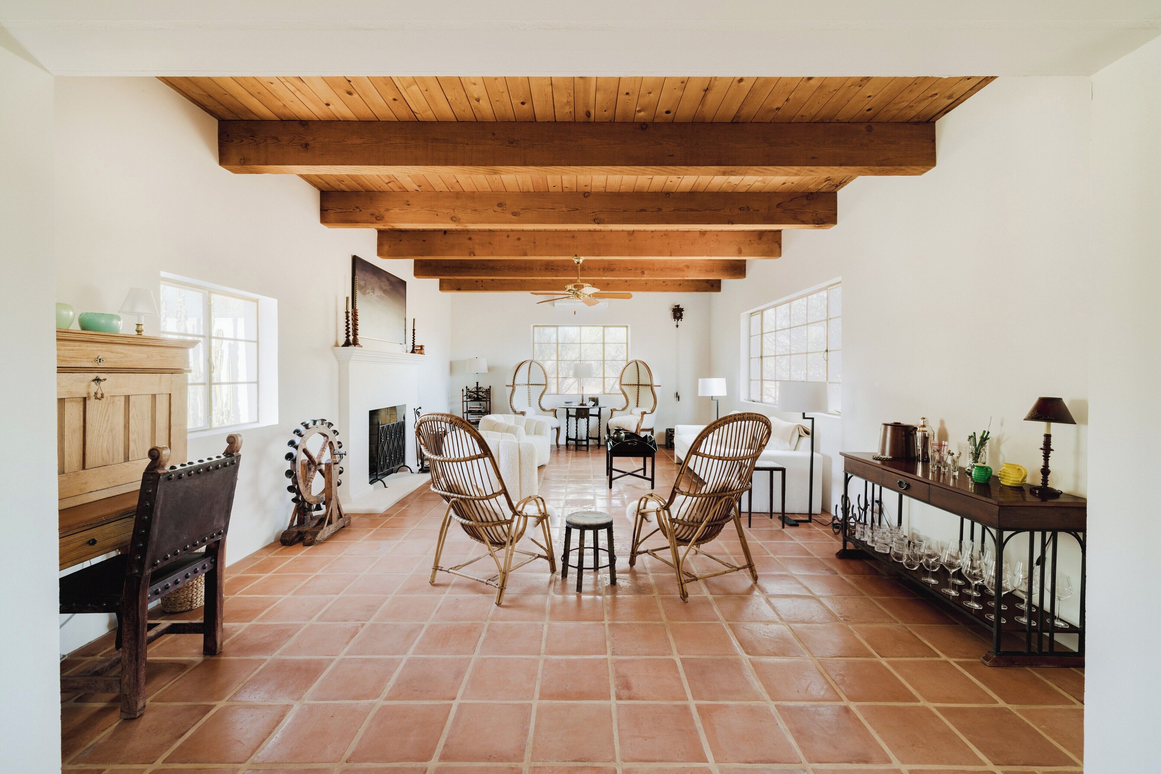 TV, fireplace, books