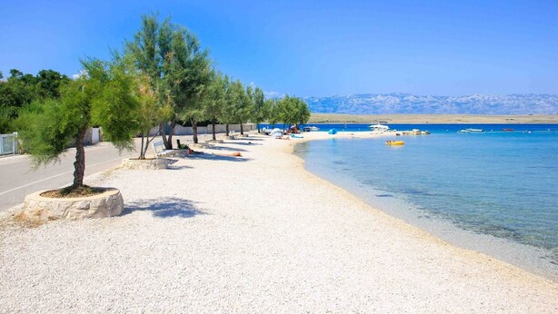 Une plage avec un sentier de galets, des arbres et des bateaux sur l’eau.
