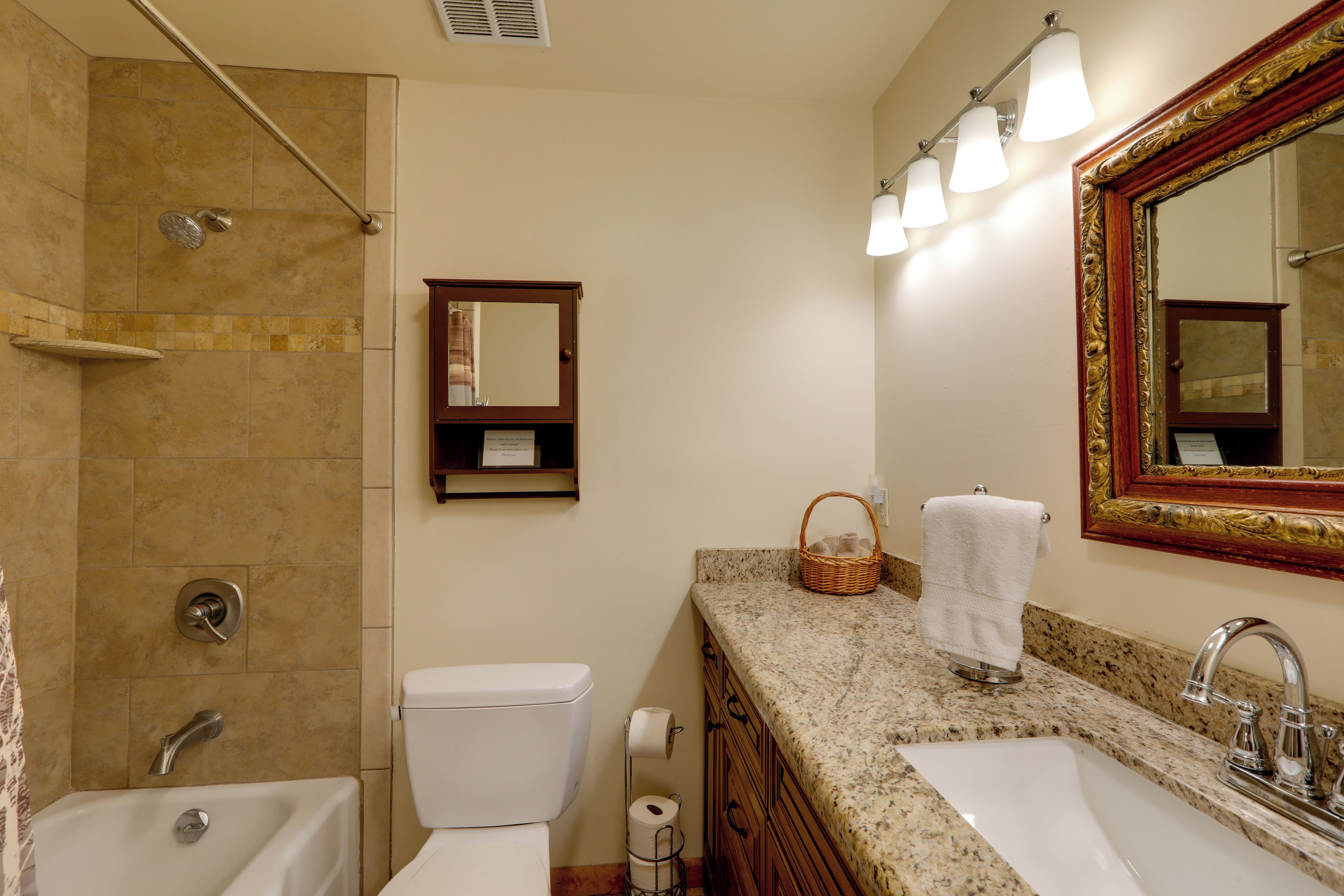 A bathroom with a shower, toilet, sink, and vanity.