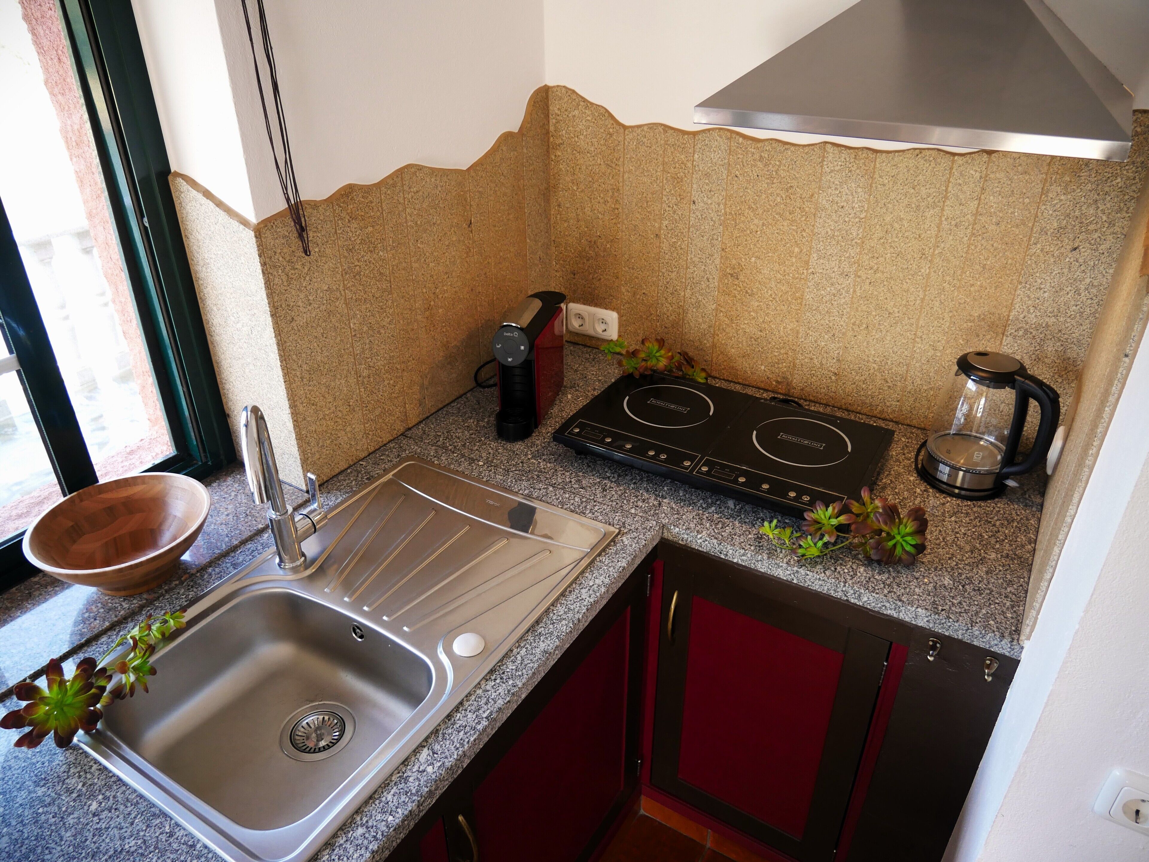 A kitchen with a stainless steel sink, a black induction cooktop, and a coffee maker.